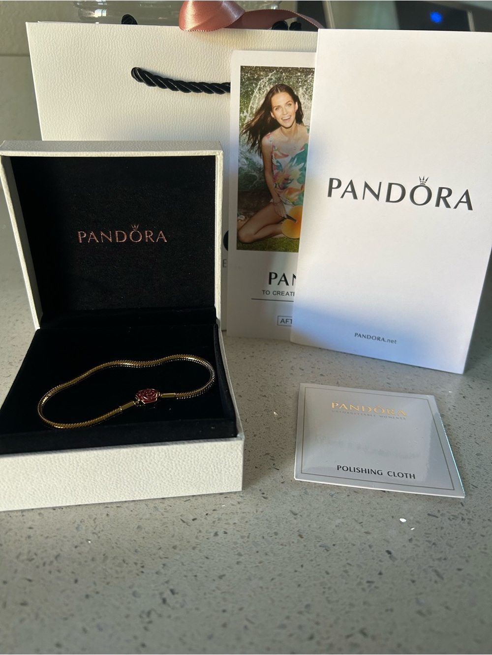 Pandora Gold-Tone Snake Chain Bracelet with Red Rose Charm